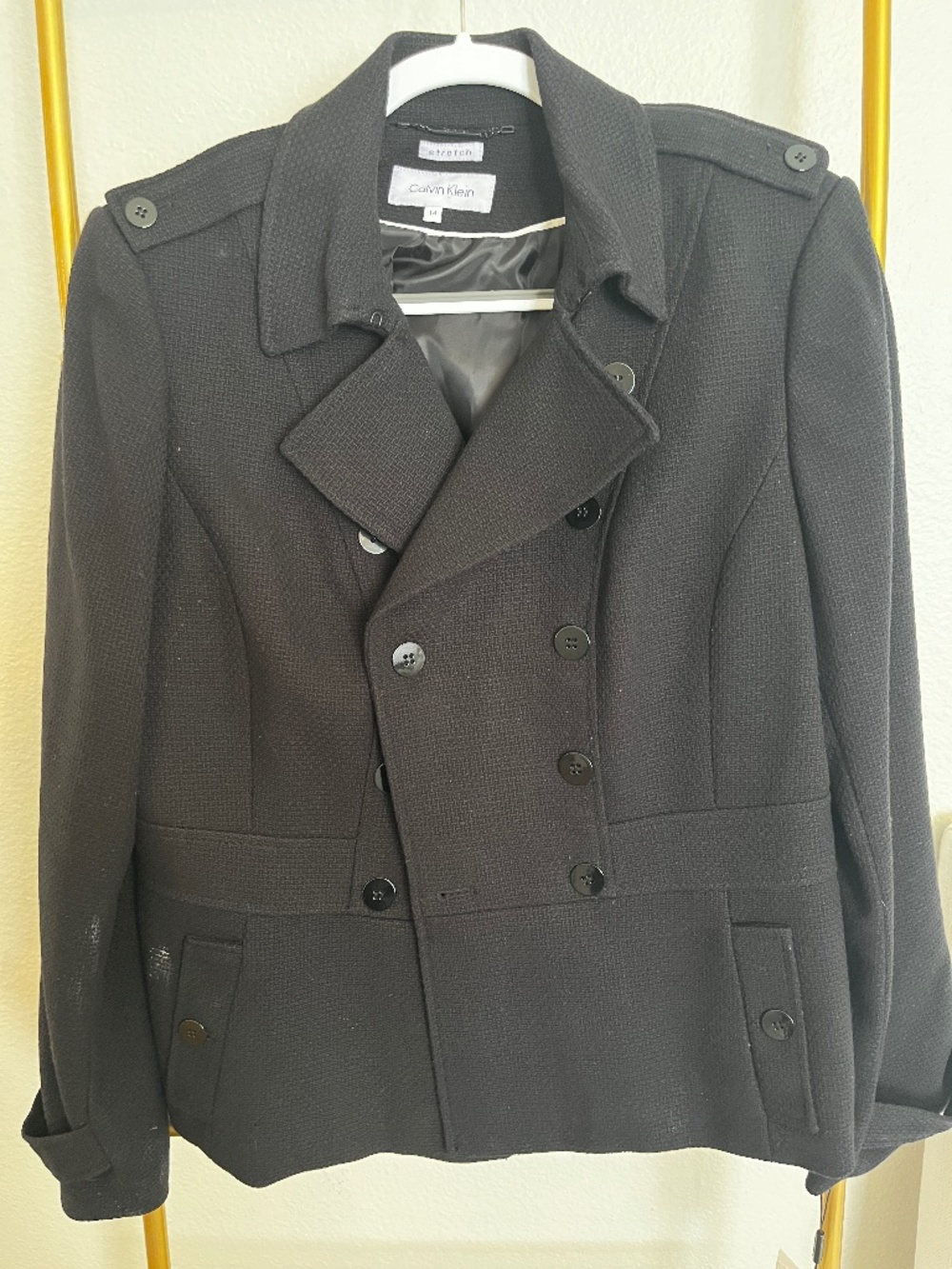 Calvin Klein Black Double Breasted Military Jacket Coat Size 14 NWT